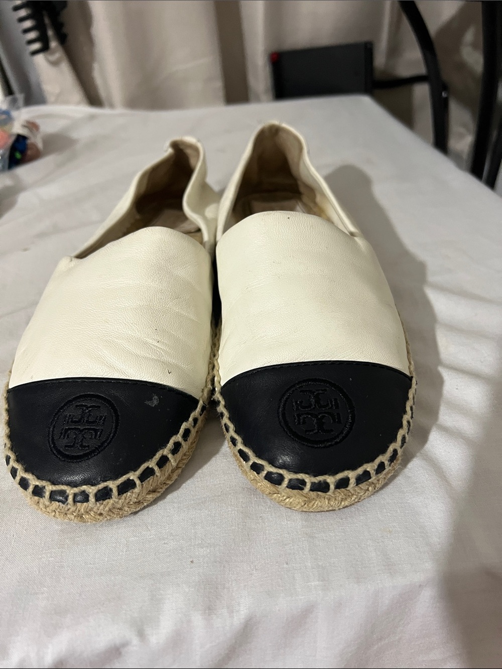 Tory Burch White Leather Espadrille with Black Toe Cap